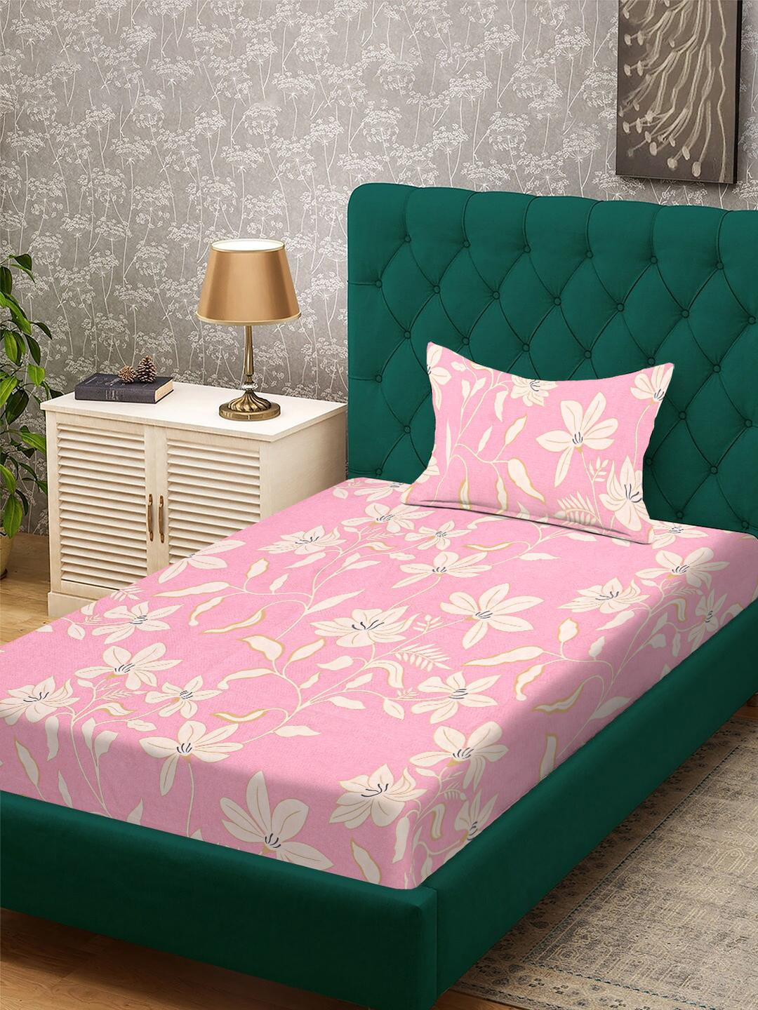 KLOTTHE Pink Floral Polycotton Single Bedsheets