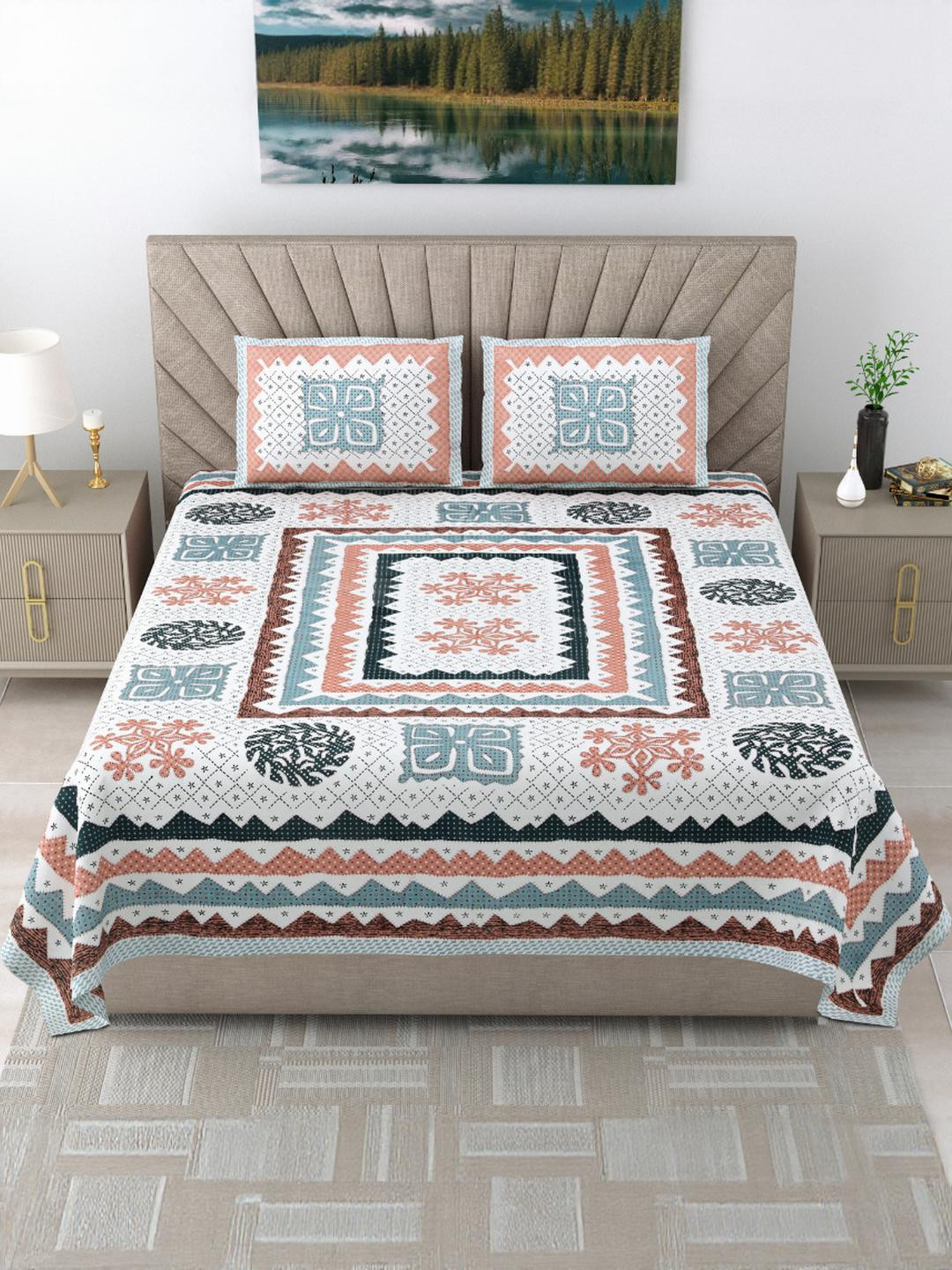 Shubastik White & Multicoloured 200 TC King Bedsheet with 2 Pillow Covers