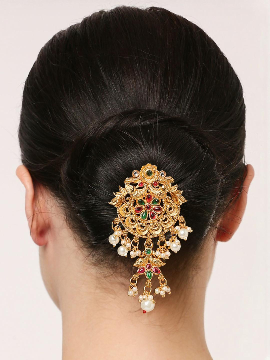 Anouk Set Of 2 Red Maroon & Green Stones & Beads Studded Bun Pin Head Jewellery