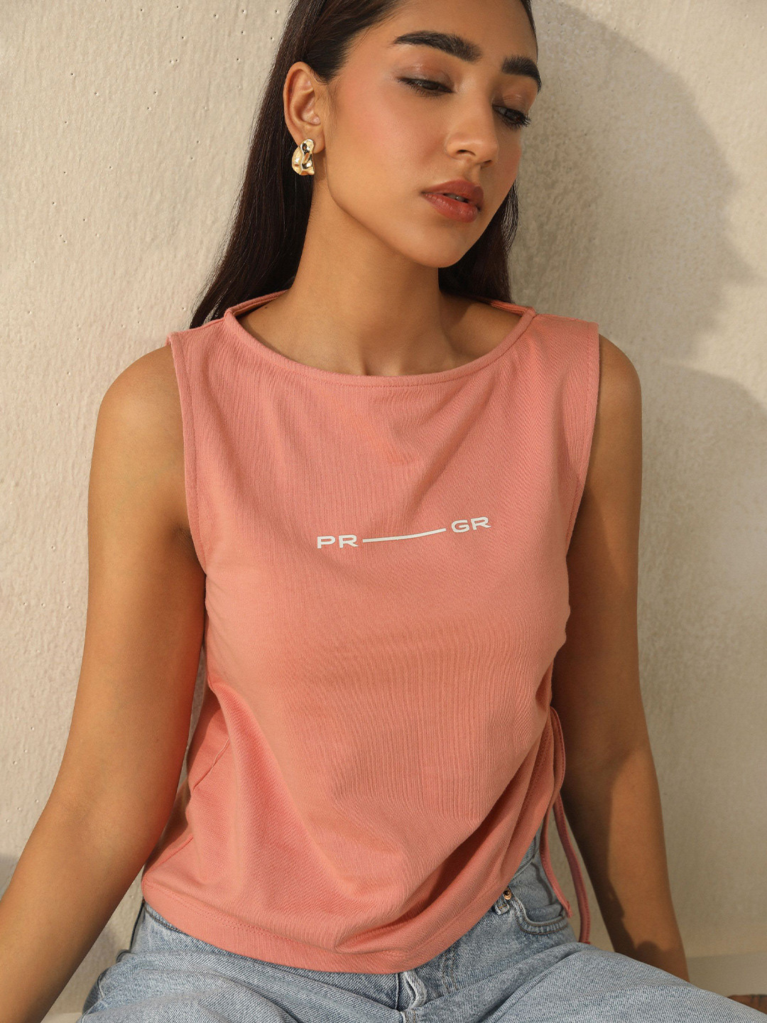 PRIMAL GRAY Women Solid Round Neck Cotton Top