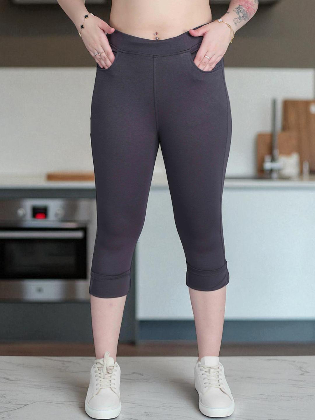 FCK-3 Women Dark Grey Solid High Rise Stretchable Cotton Slip On Capris