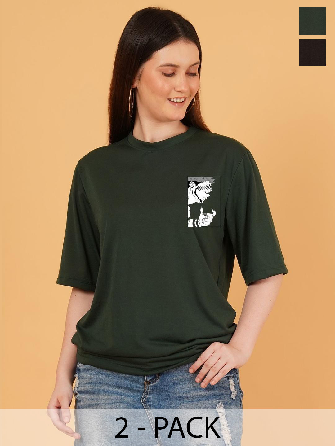 Parona Women Pack of 2 Humour and Comic Printed Drop-Shoulder Sleeves T-shirt