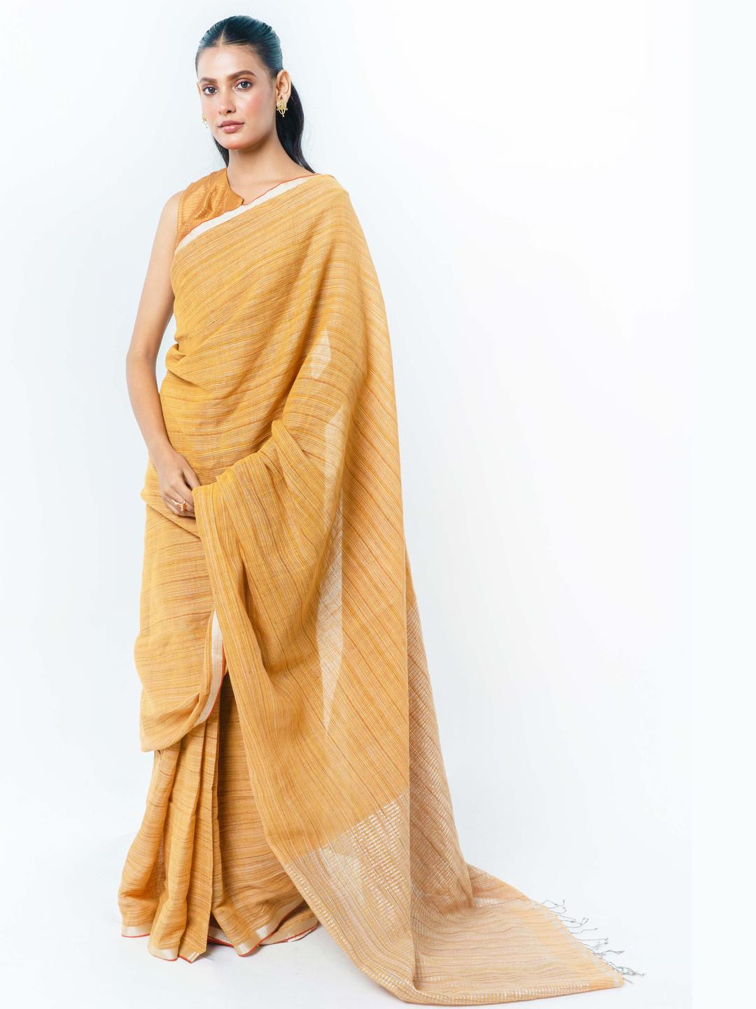 SREYA SAMANTA Striped Zari Pure Linen Taant Saree