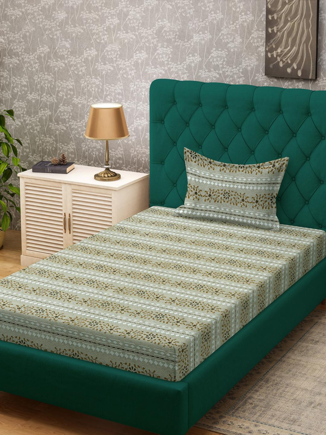 KLOTTHE Green Floral Cotton Single Bedsheets