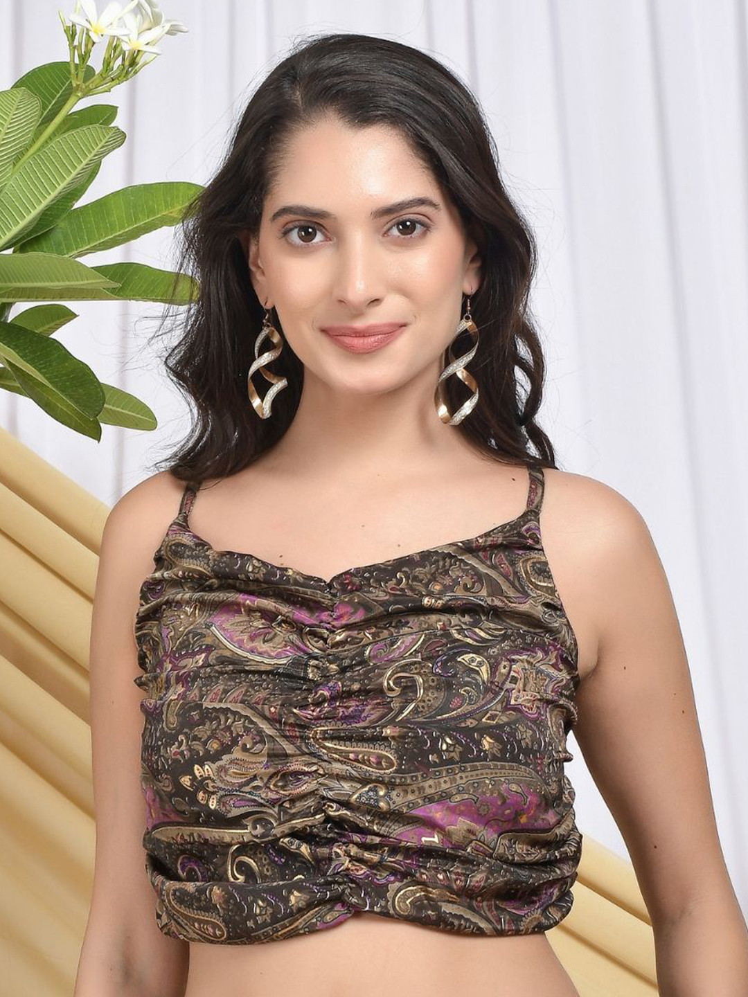 Boholyfe  Women Shoulder Straps Smoked  Bohemian Print Blouson Crop Top