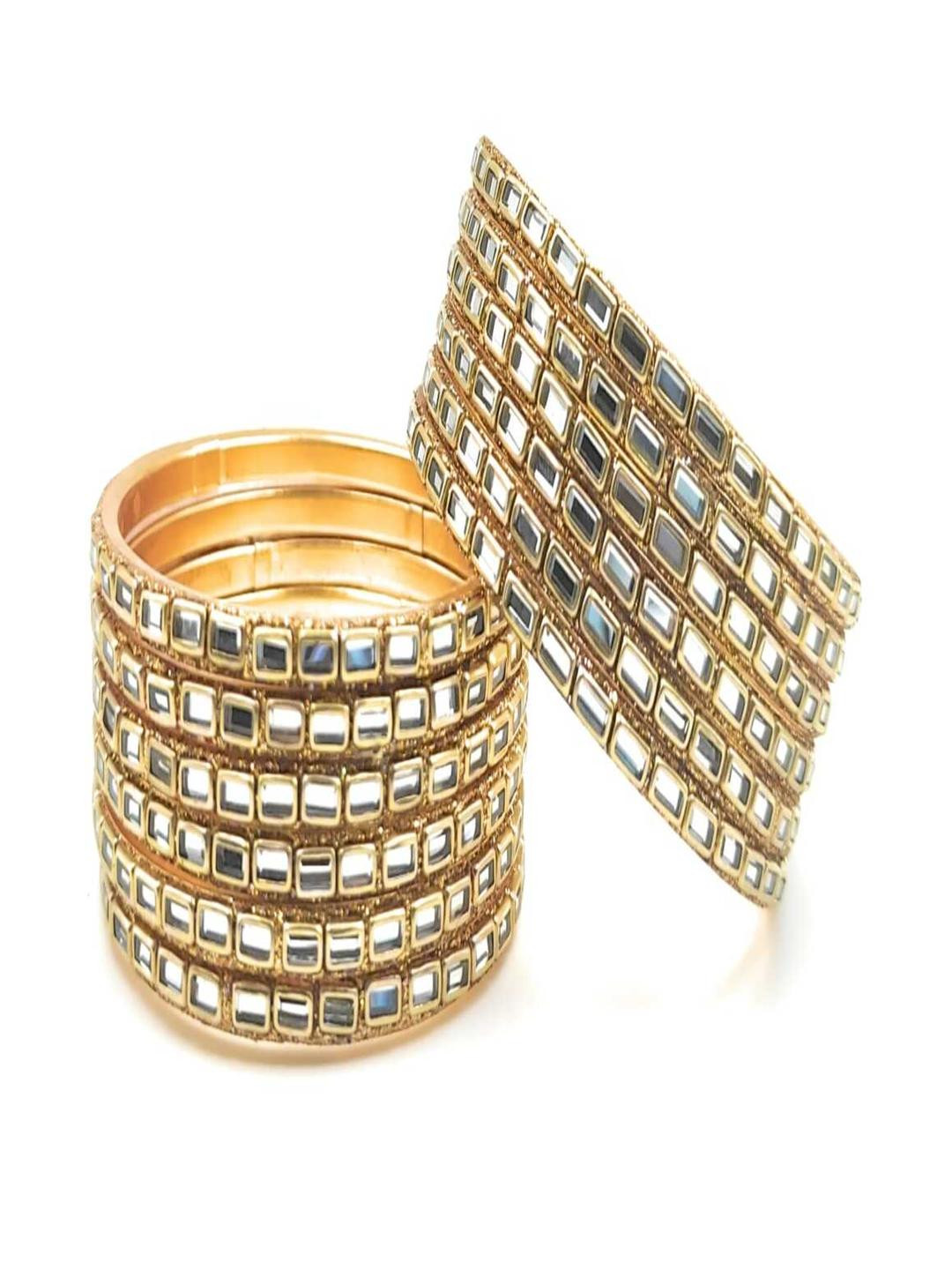 RAF DUKAN Women 12 Pcs Golden & White Artificial Stones Studded Gold-Plated Alloy Bangles