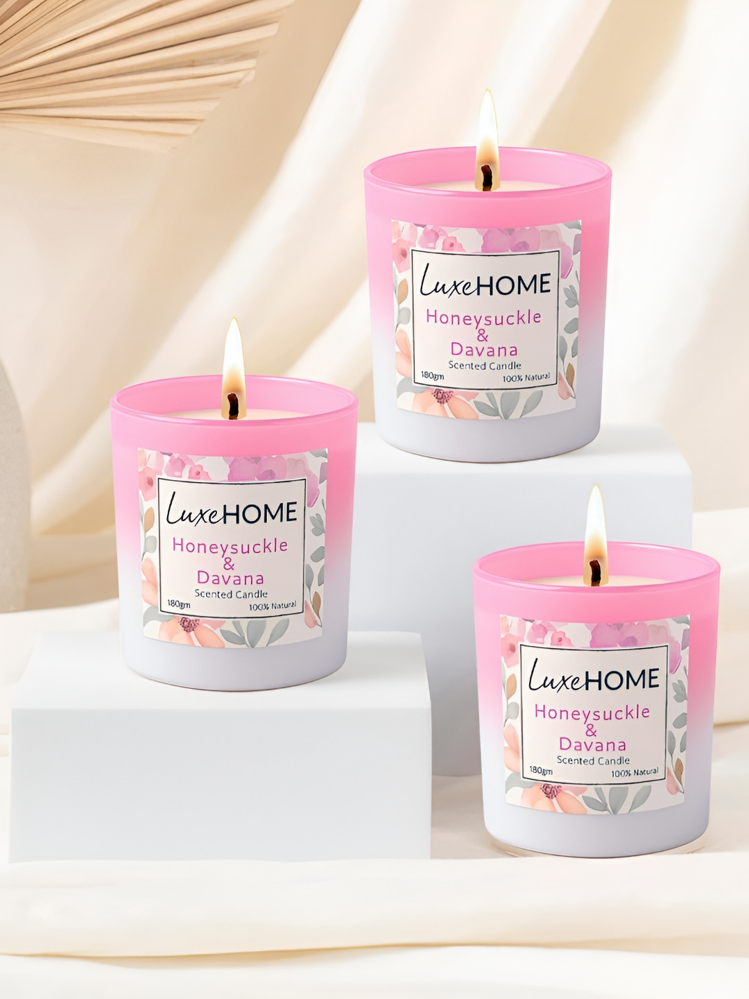 LUXEHOME INTERNATIONAL Honey Suckle Davana Pink & White 3 Pieces Scented Jar Candles