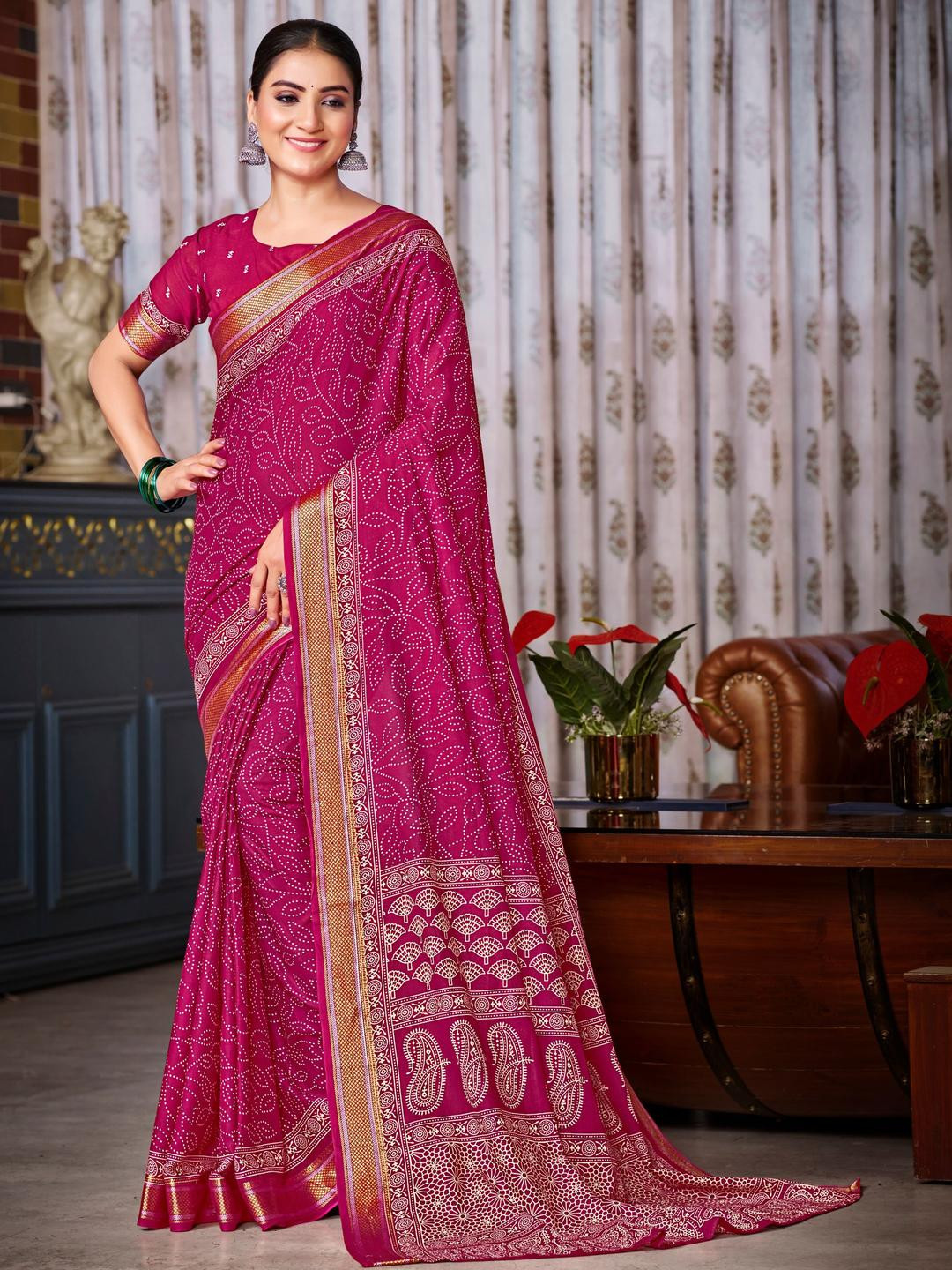 Munir Ajrak Printed Zari Work Pure Cotton Bagru Saree With Blouse