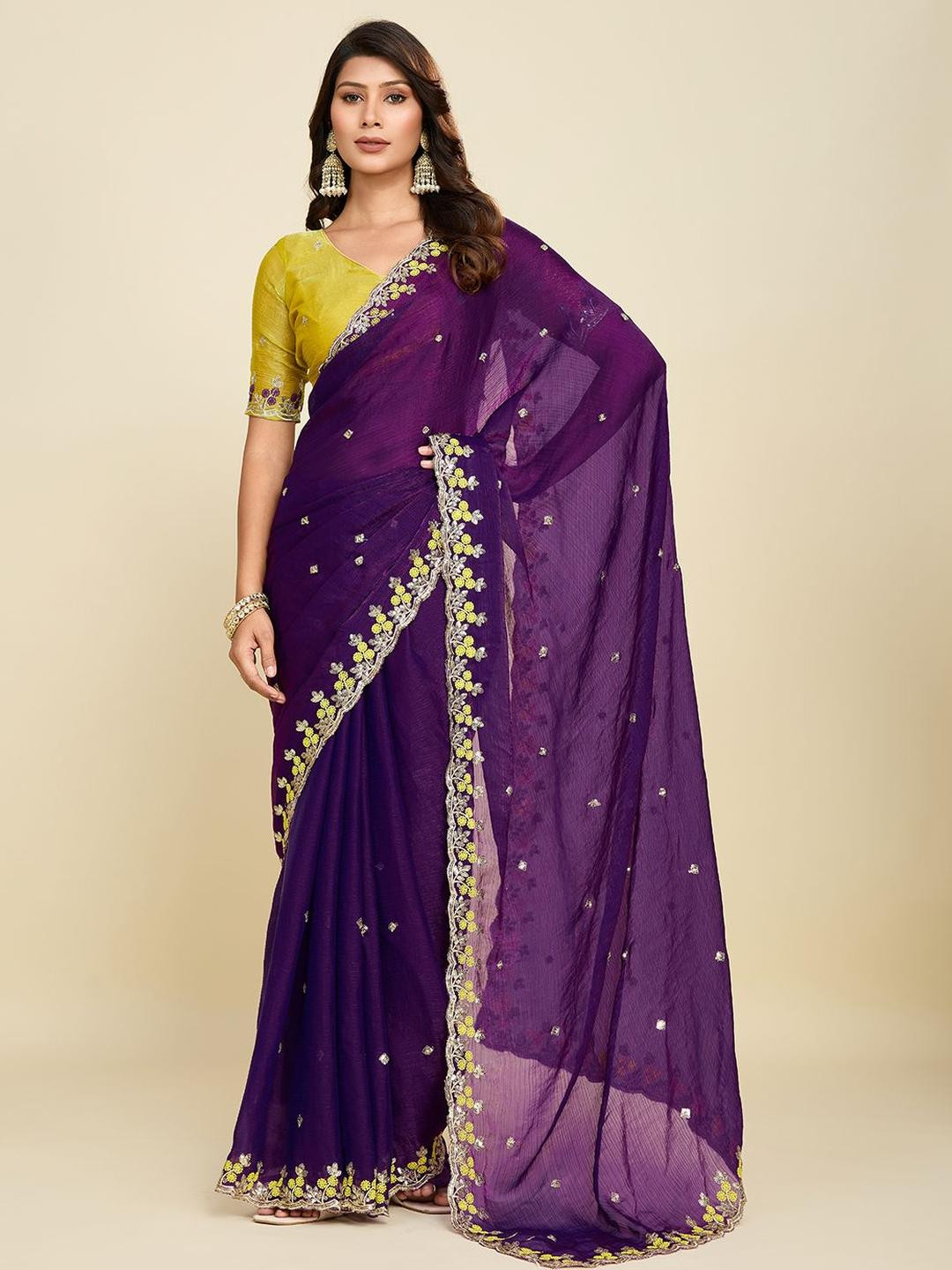 Elite Fashion Floral Embroidered Sequinned Pure Chiffon Saree And Unstiched Blouse Piece