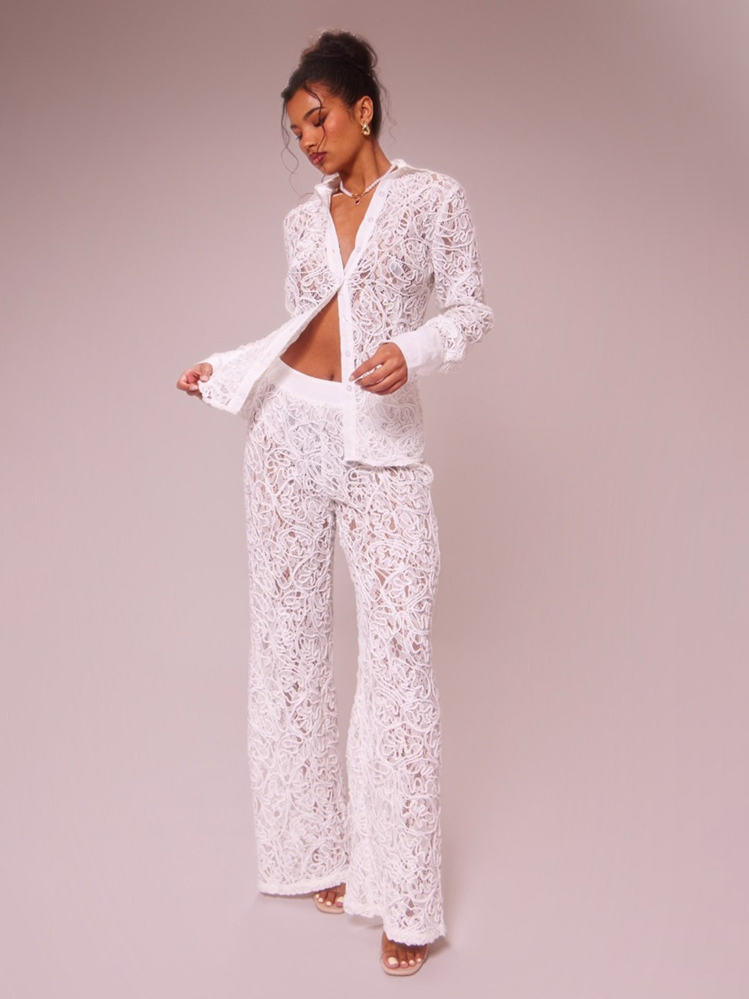 bebe Women Lace Button-Up Shirt and Wide-Leg Trouser Co-Ords