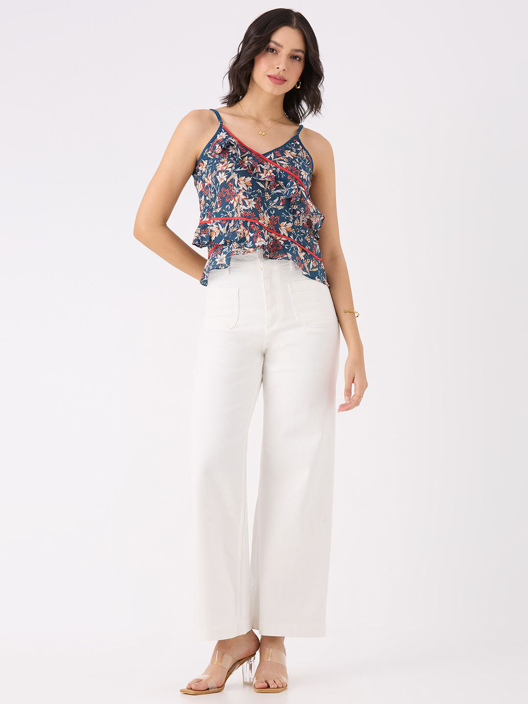 YURAA THE LABEL Women Floral Printed Ruffles Shoulder Straps Top