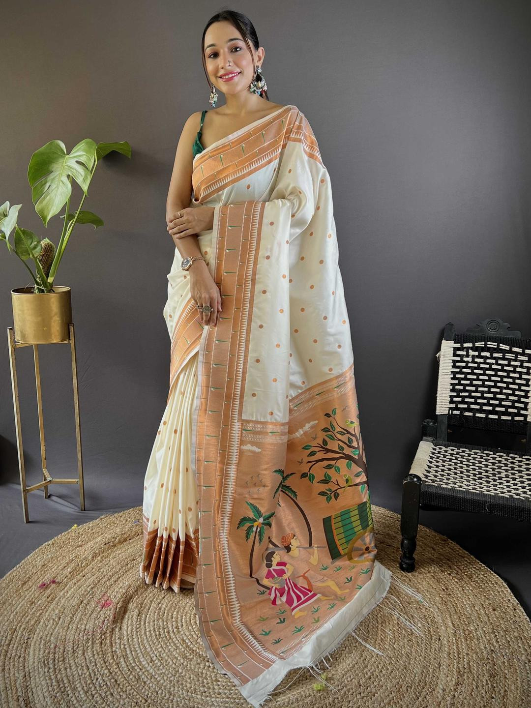 KALINI White Silk Blend Woven Design Sarees