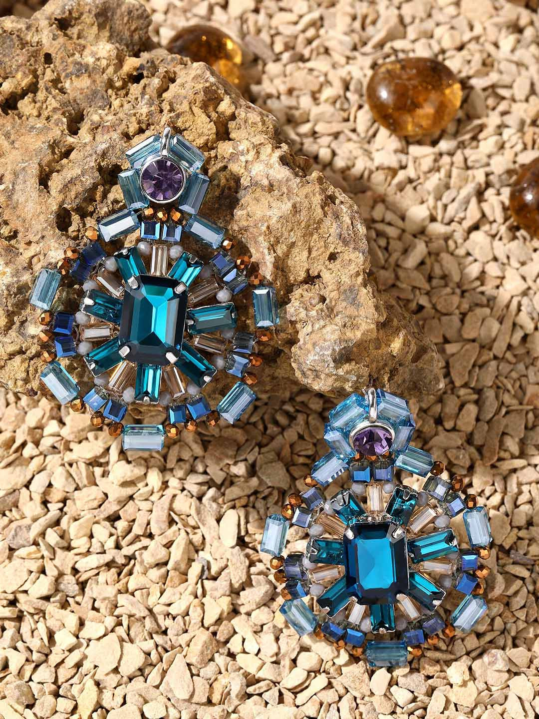 LULU & SKY Artificial Stone Studded Geometric Shaped Drop Earrings