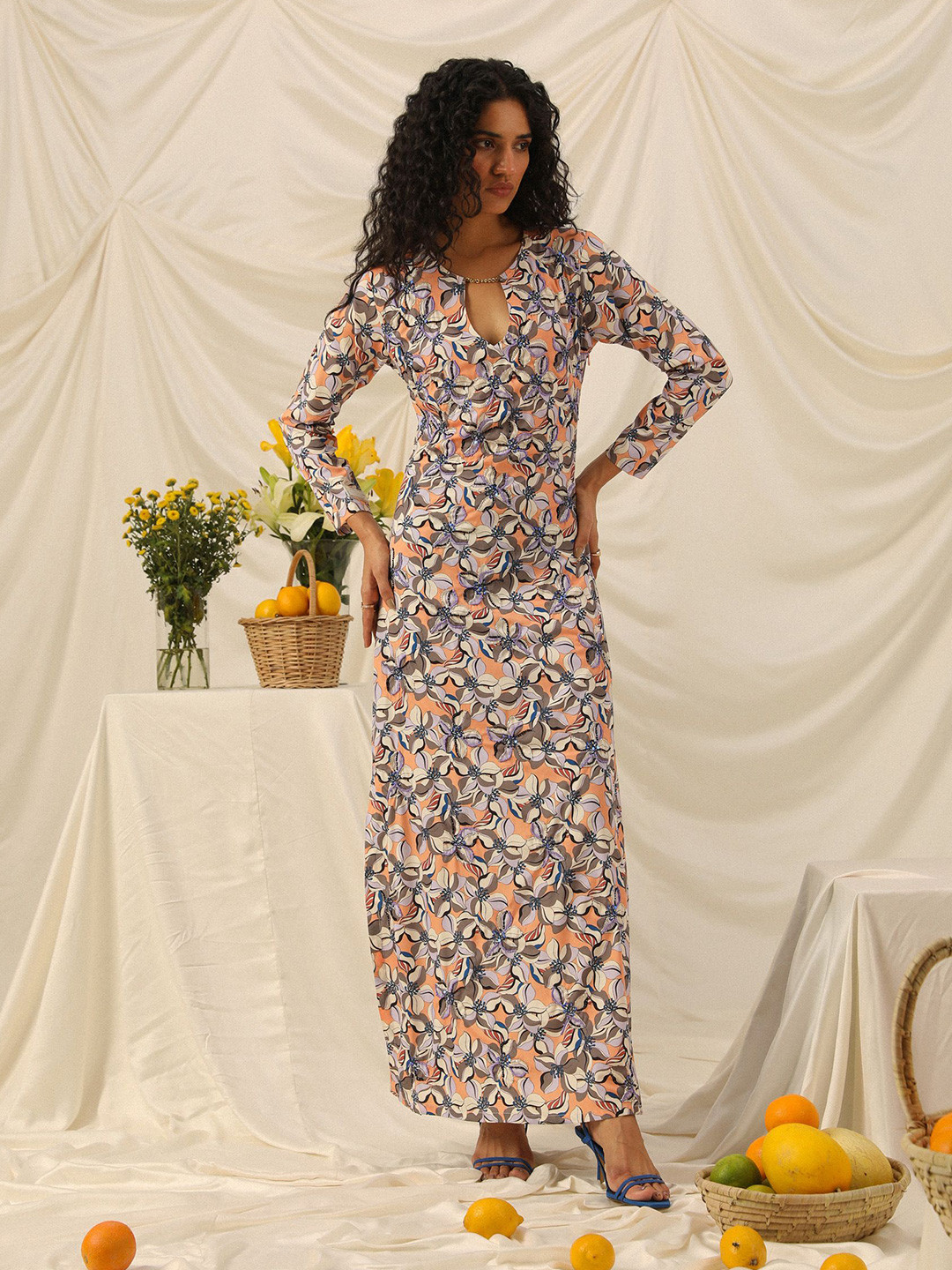 PRIMAL GRAY Women Floral Print Slit Details Maxi Dress