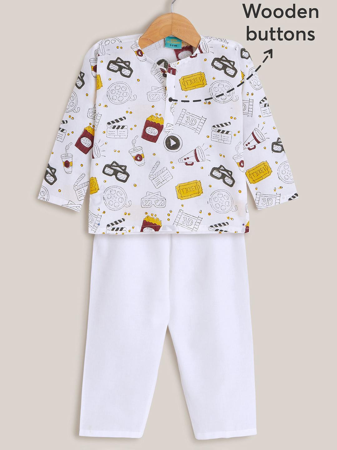 Hopscotch Kids Boys White 2-Pc Pajama Night Suit