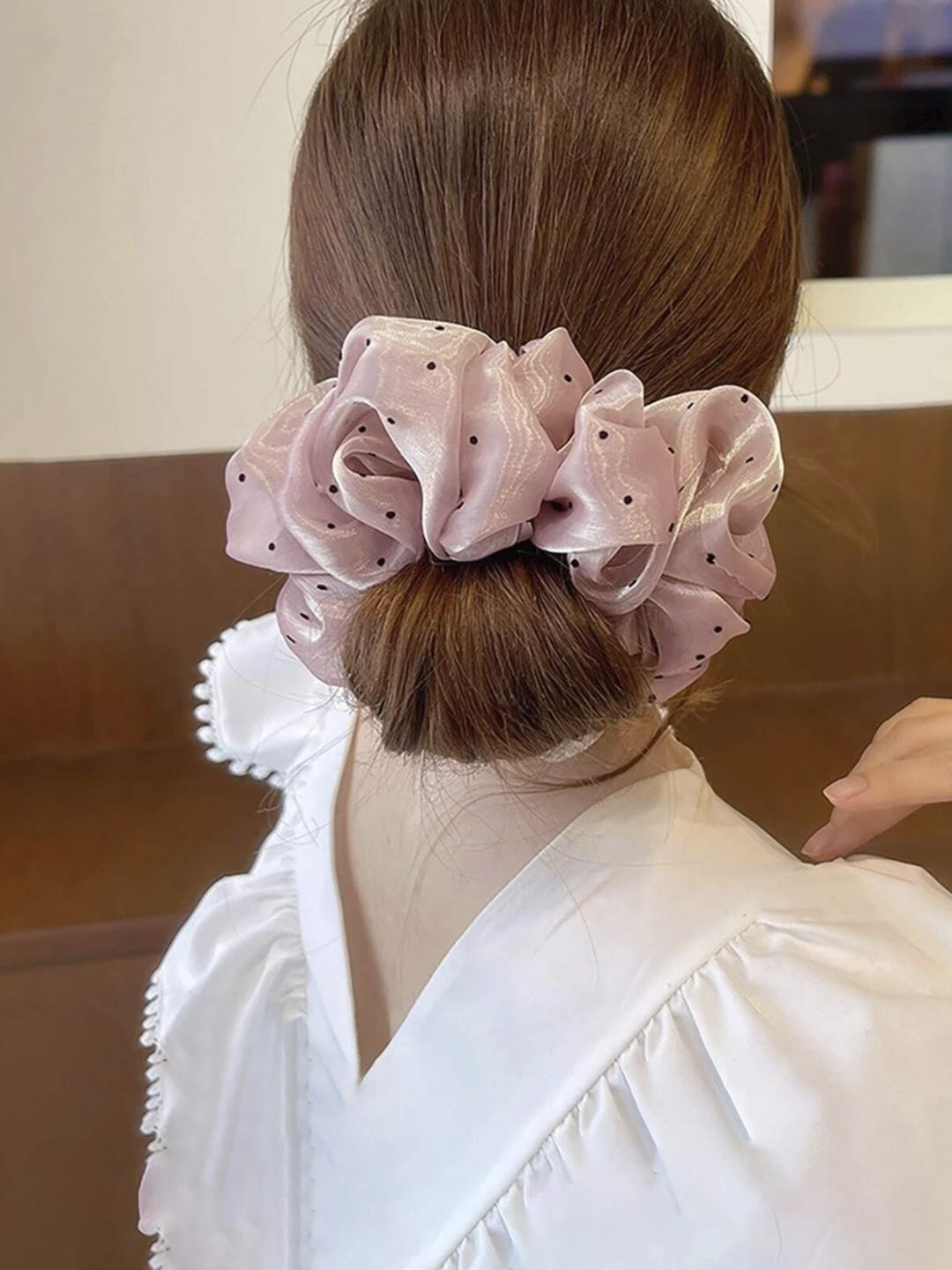 DressBerry Pink Shimmer Organza Polka Dots Big Large Scrunchy RubberBand Hair Tie