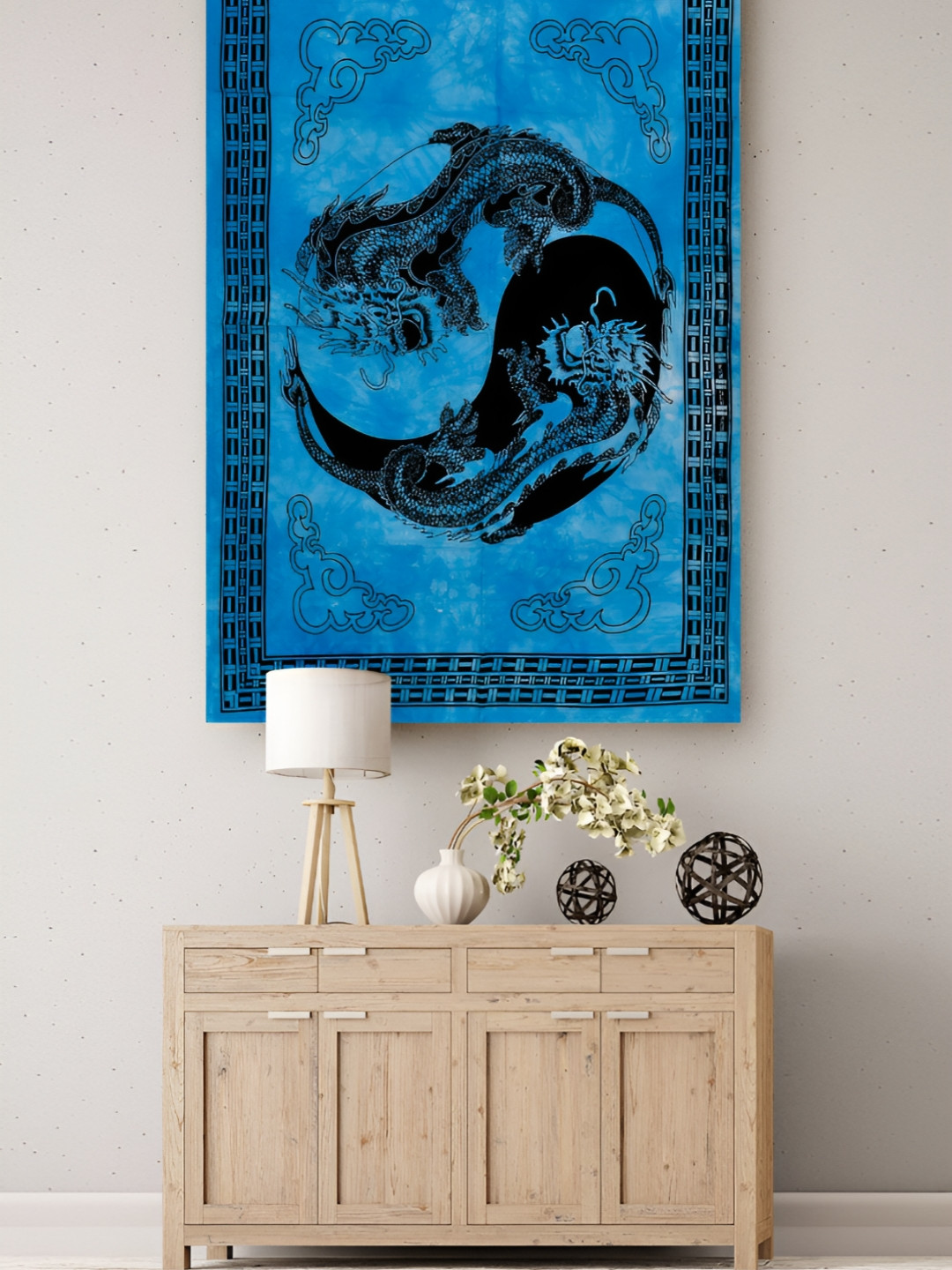 HANDICRAFT PALACE Blue & Black Dragon Yin Yang Printed Pure Cotton Wall Hanging Tapestry