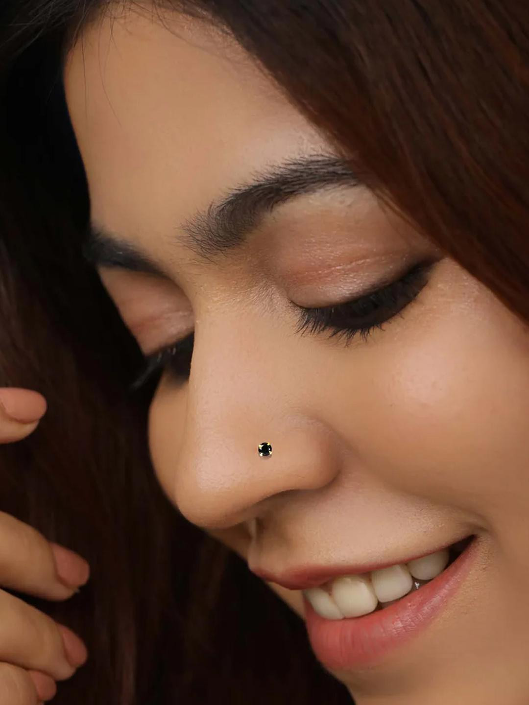 SHREEVARAM Women Black & Gold-Plated Cubic Zirconia Brass Nose Pin