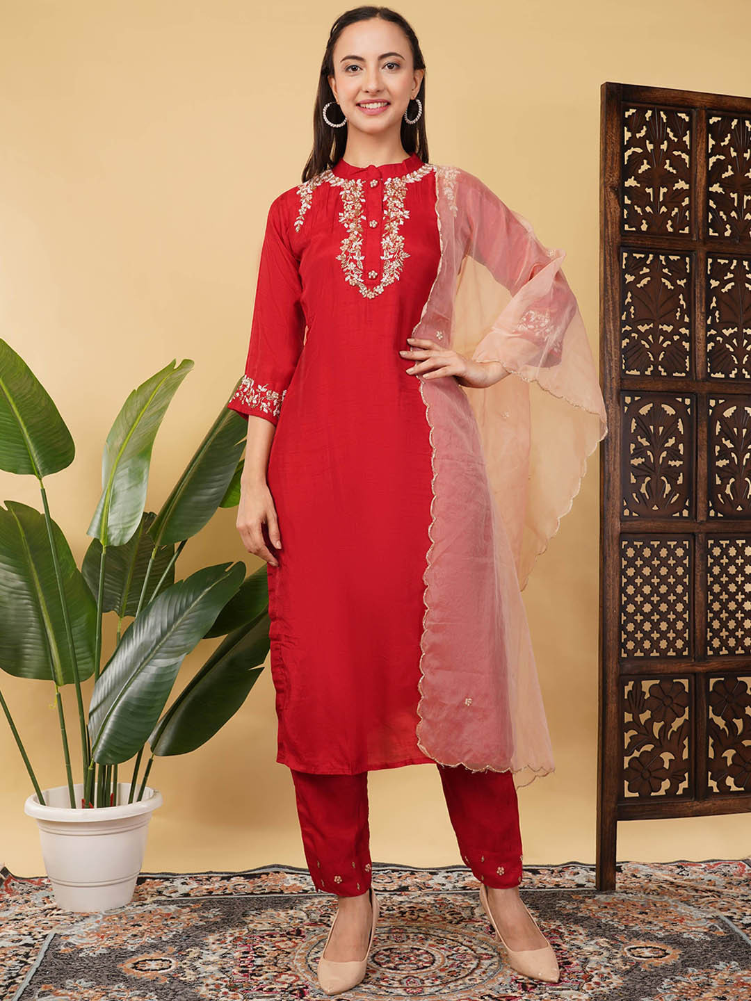 Prisachi Women Ethnic Motifs Embroidered Regular Sequinned Kurta with Trousers & Dupatta