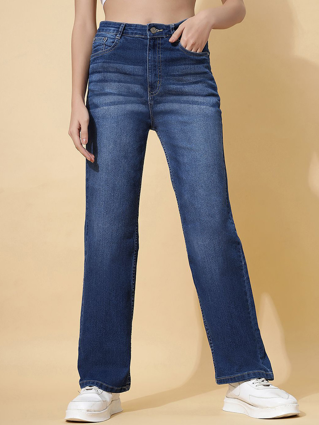 ZUYA Women Casual Straight Fit Stretch Wisker Solid Jeans