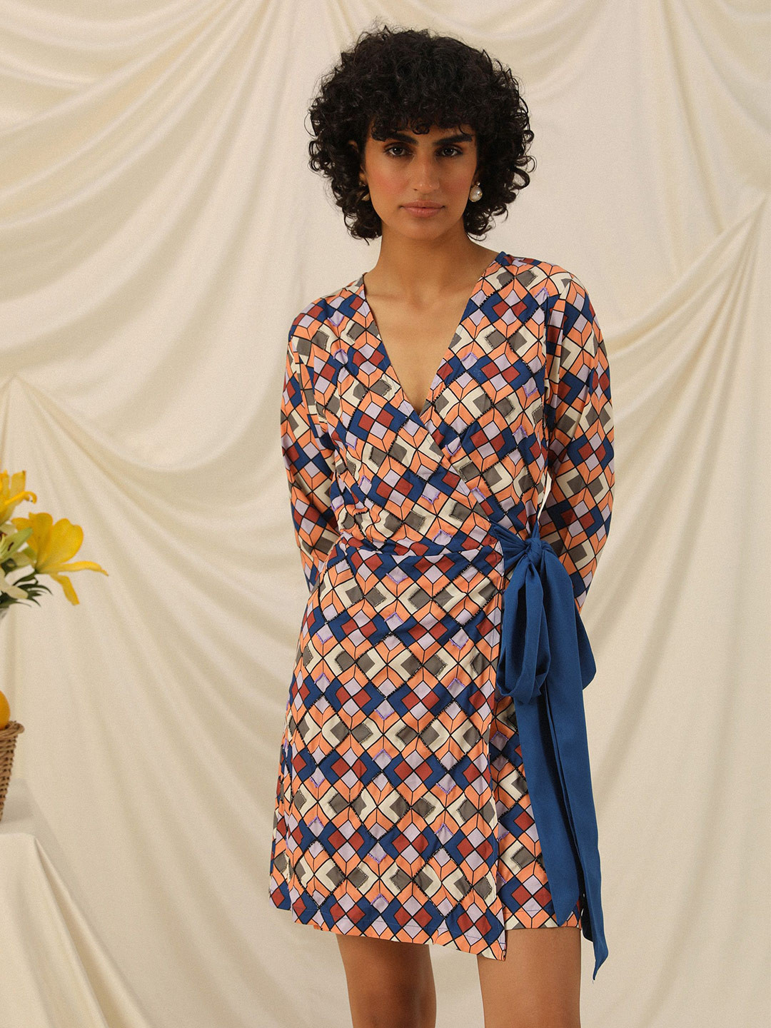 PRIMAL GRAY V-Neck Geometric Printed Winter Wrap Dress