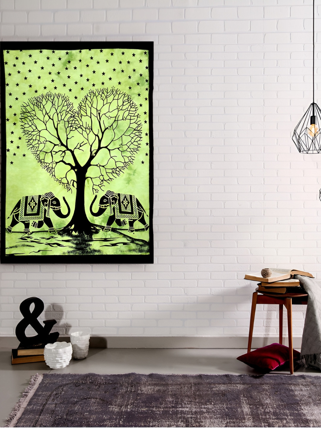 HANDICRAFT PALACE Green & Black Elephant Heart Tree of Life Printed Wall HangingTapestry