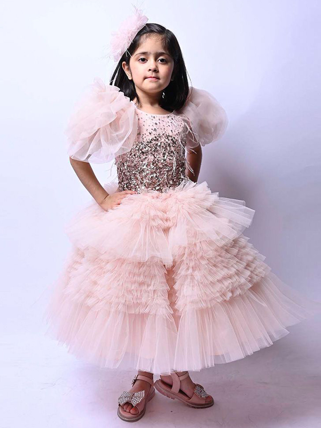 Alyaansh Couture Girls Embellished Layered Ruffles Rose Sleeves Net Fit & Flare Dress