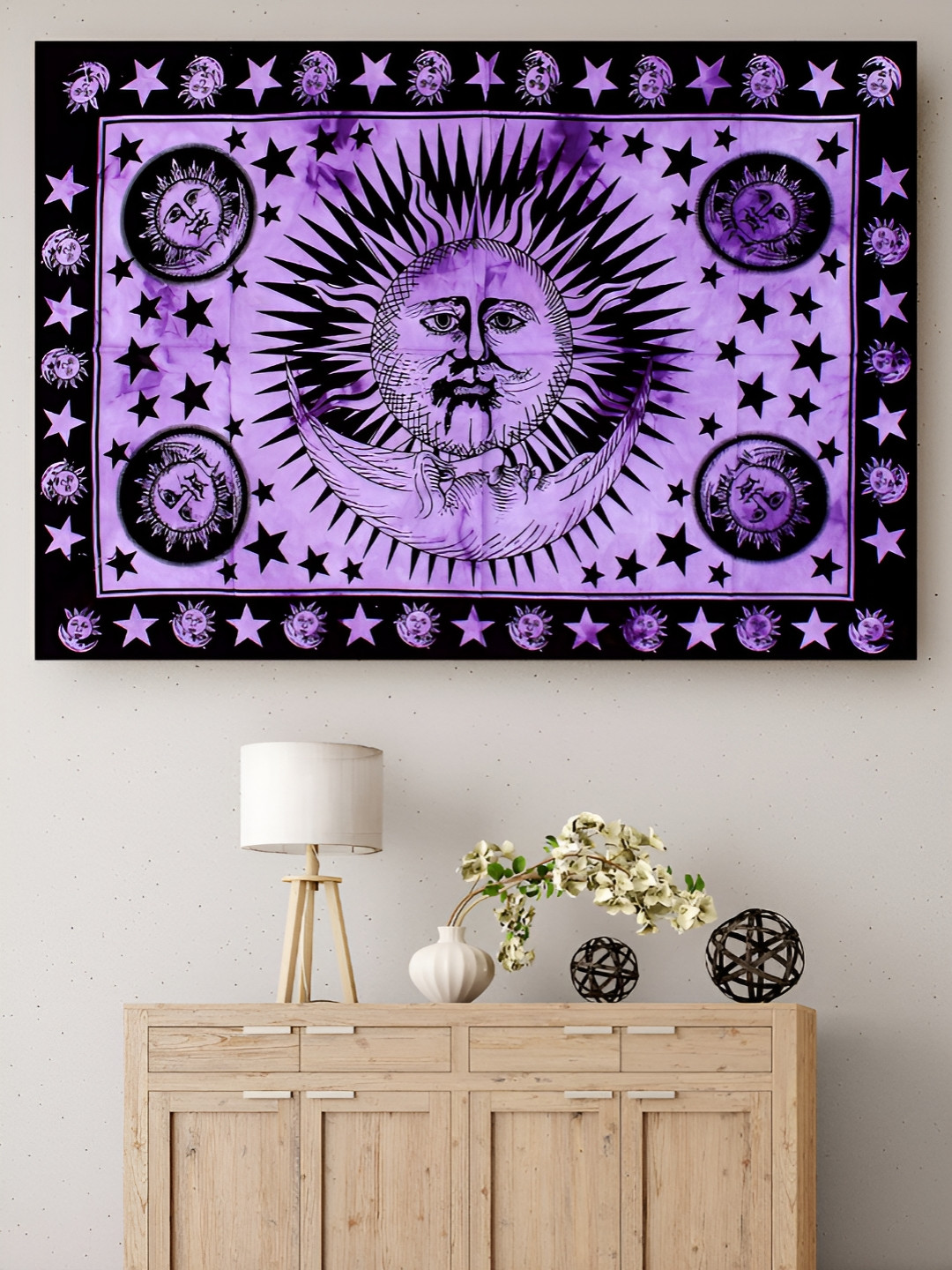 HANDICRAFT PALACE Purple & Black Sun Moon Printed Pure Cotton Wall Hanging Tapestry