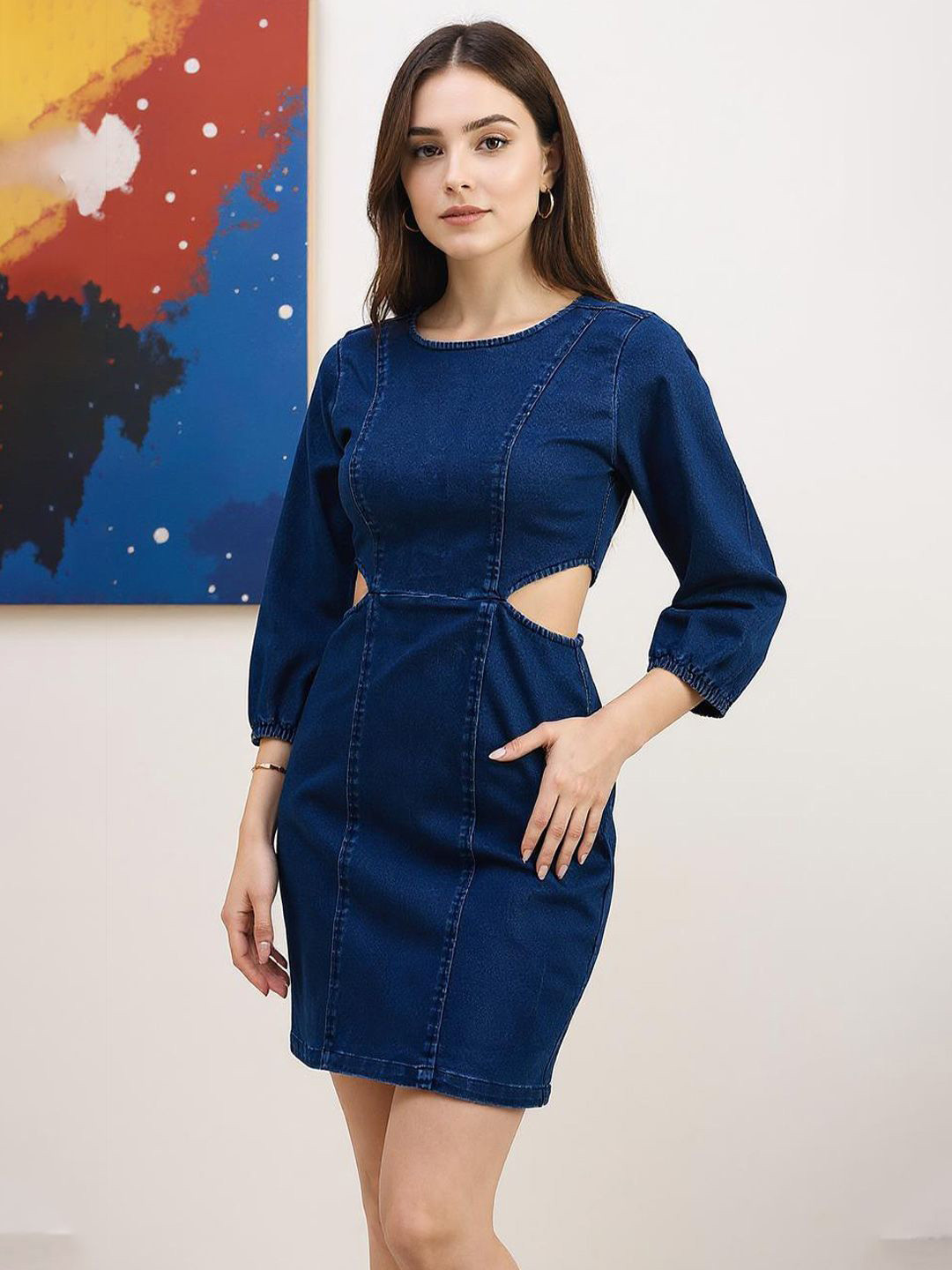 ZUMMER Women Puff Sleeve Denim Side Cut Out Mini Bodycon Dress