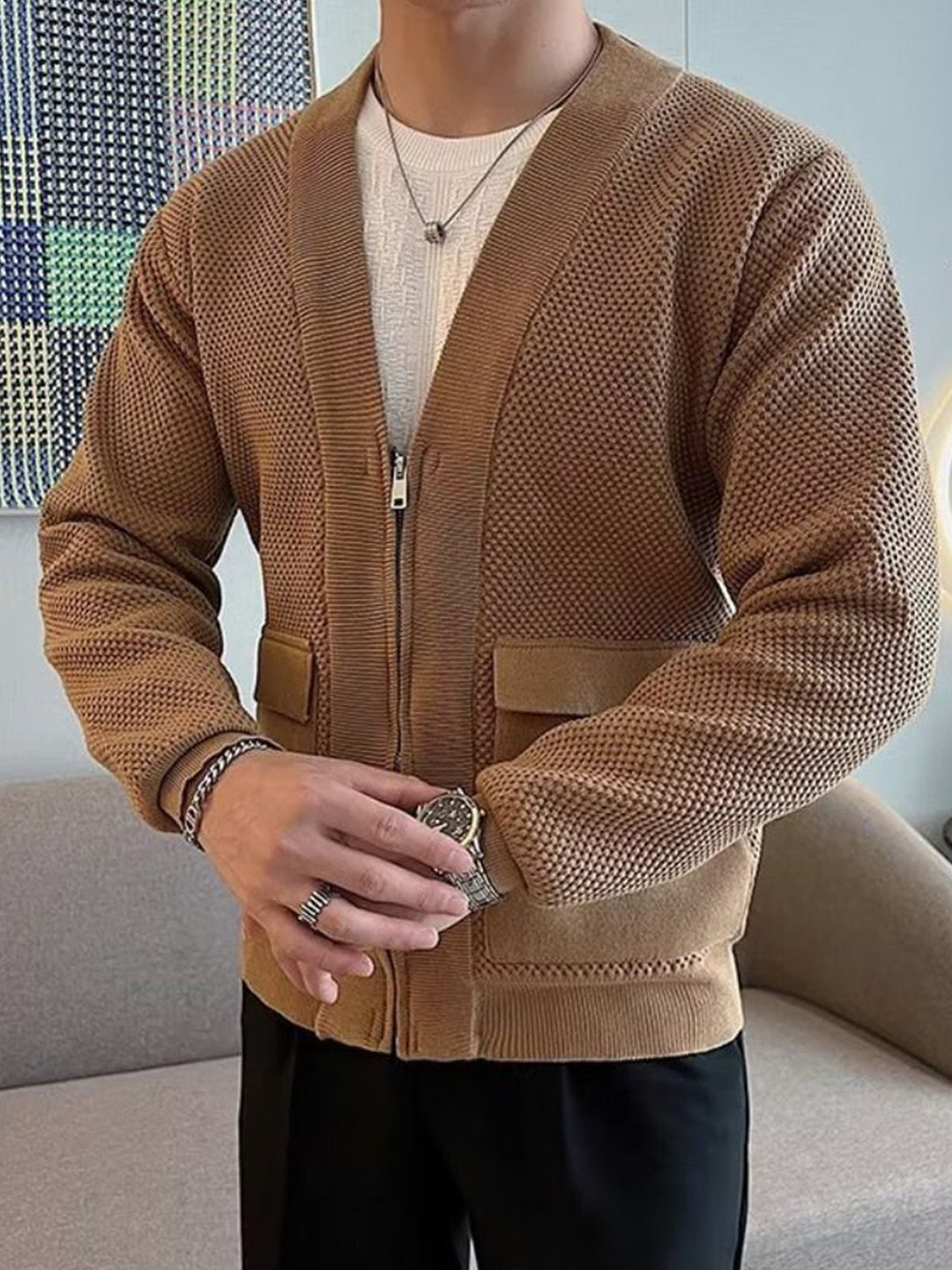 StyleCast Men Brown Viscose Rayon Collarless Long Sleeves Jackets