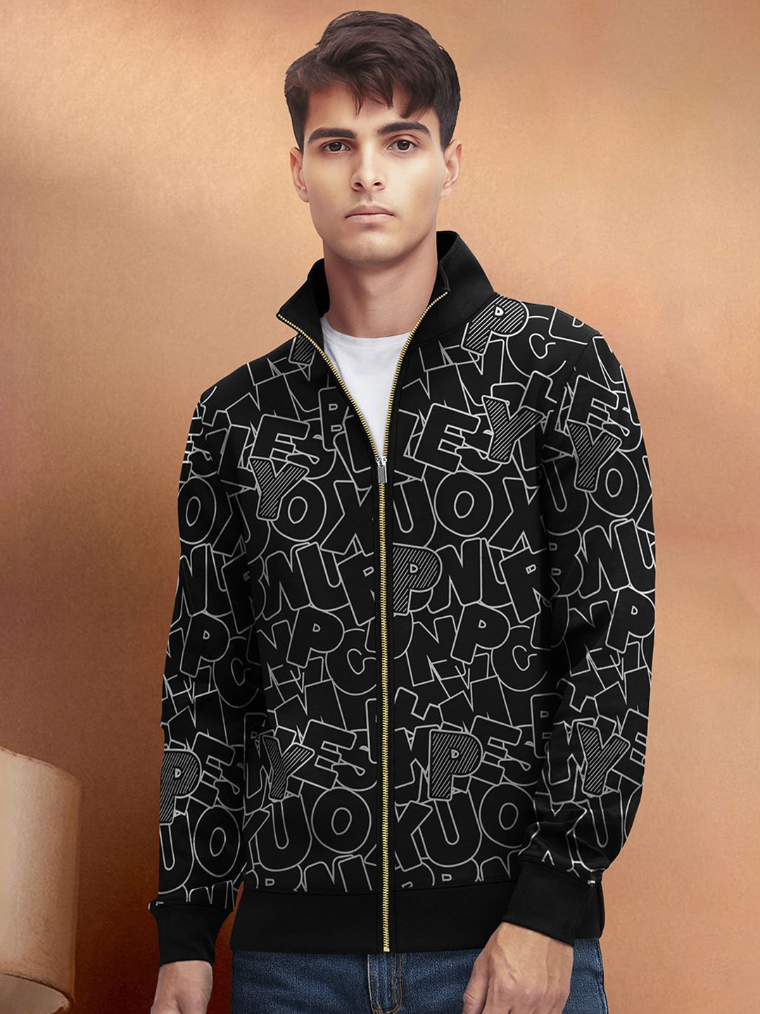 TRIPR Men Mock Collar Typography Printed Bomber Jacket