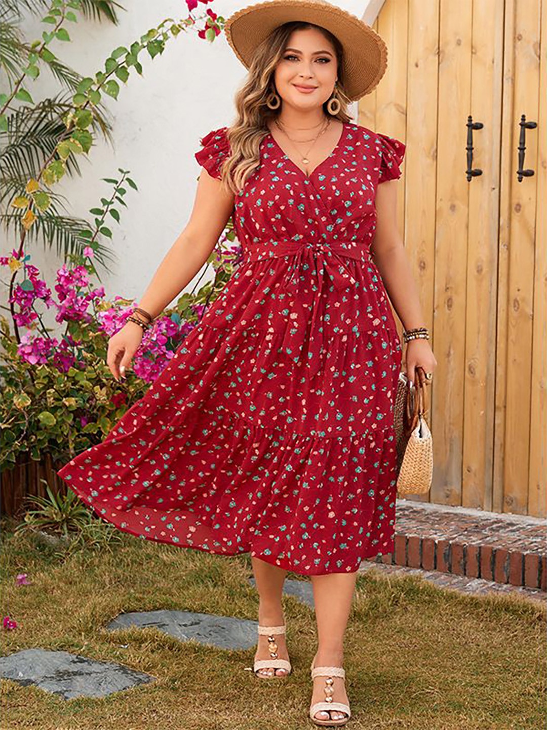 Sztori Women Plus Size Floral Printed Flutter Sleeve Tiered Fit and Flare Midi Dress