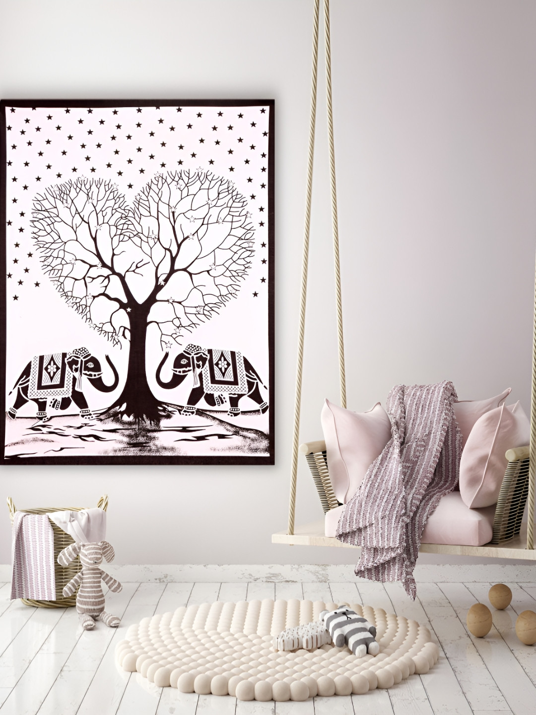 HANDICRAFT PALACE Black & White Heart Tree Elephant Printed Cotton Wall Hanging Tapestry