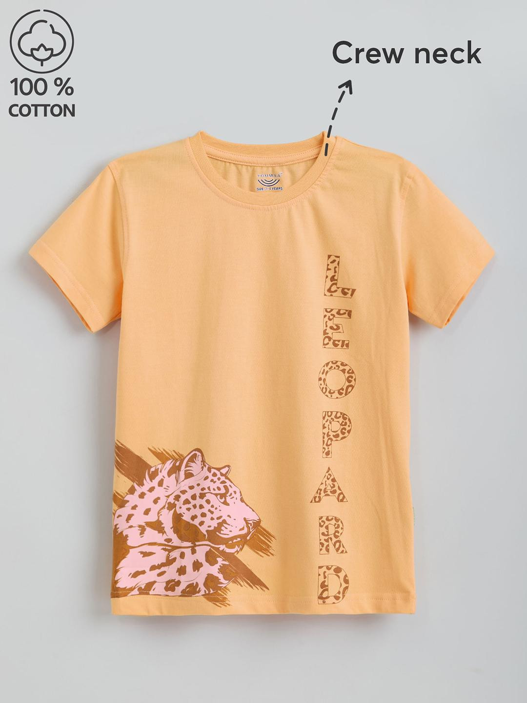 Hopscotch Boys Orange Leopard Print Cotton Crew Neck T-shirt