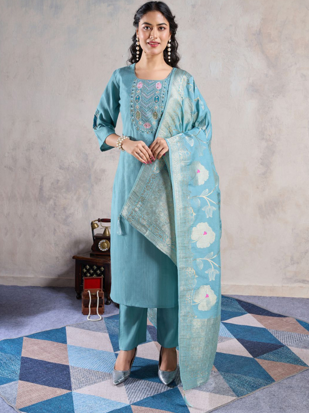 GRISHU COLLECTION Women Embroidered Regular Pure Silk Kurti with Trousers & Dupatta