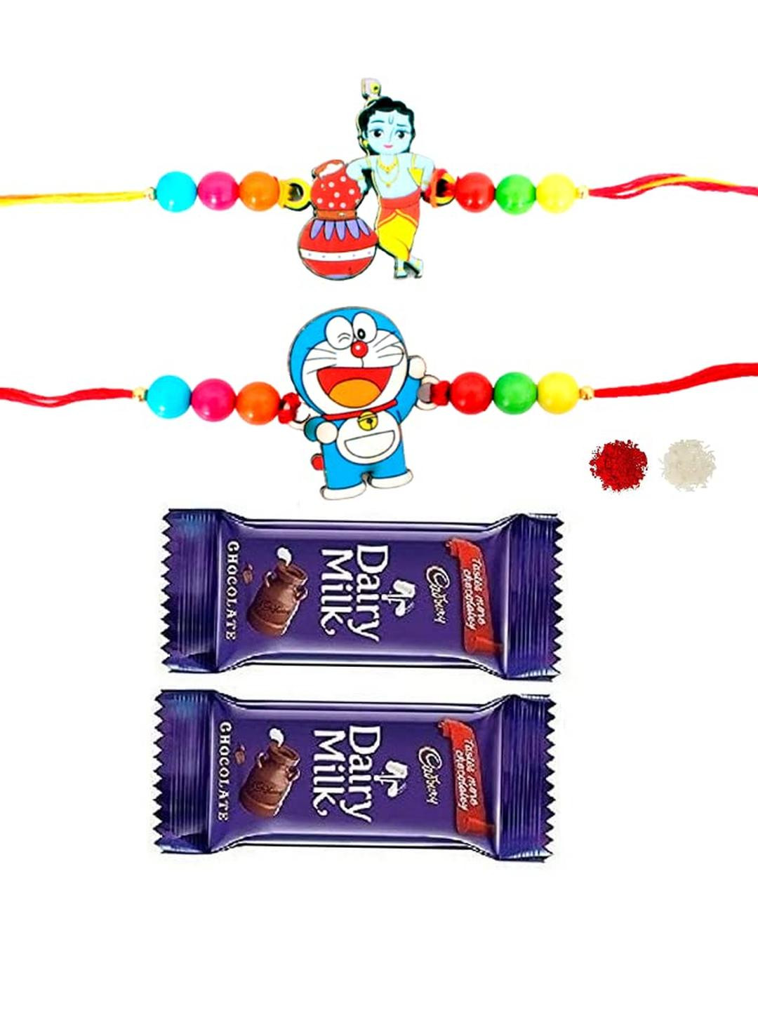 VR Creatives Set with 4 Chocolates With Bal Krishna and Doraemon Rakhi Gift Set