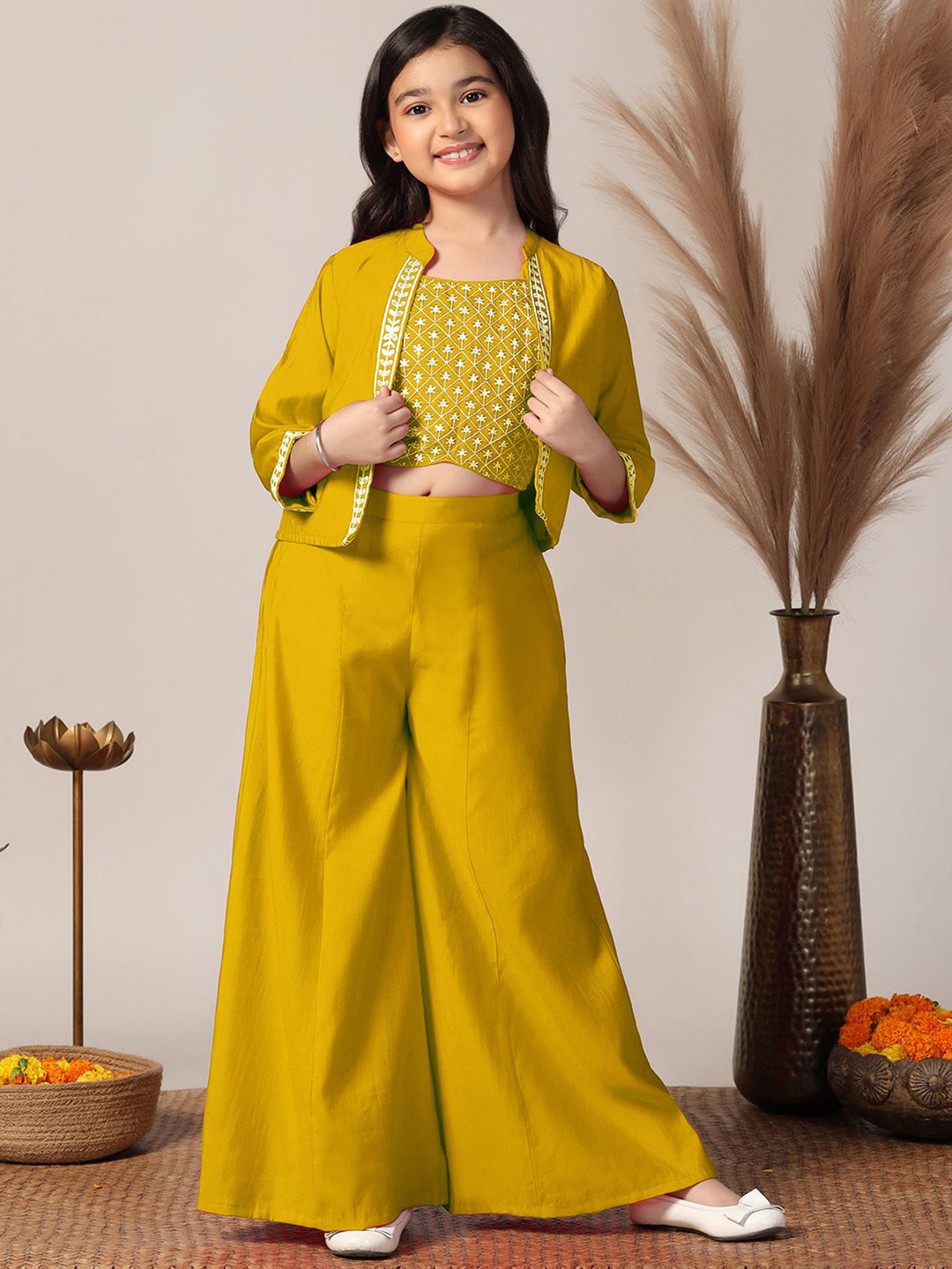 FASHION DREAM Girls Embroidered Roman Silk Crop Top With Palazzo & Jacket