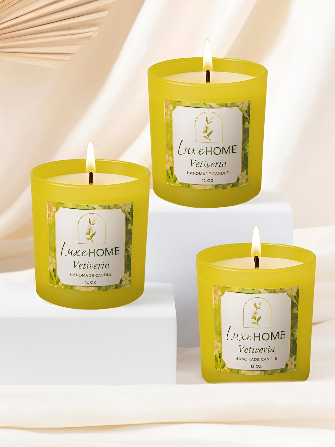 LUXEHOME INTERNATIONAL Vetiveria Mustard & White 3 Pieces Scented Jar Candles