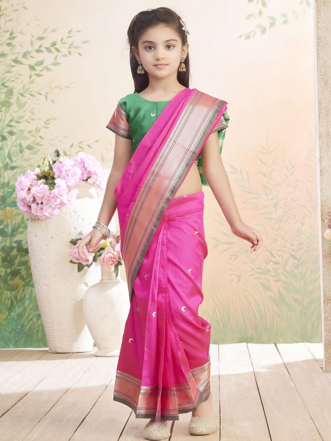 BAESD Girls Abstract Woven Design Zari  Block Print Saree