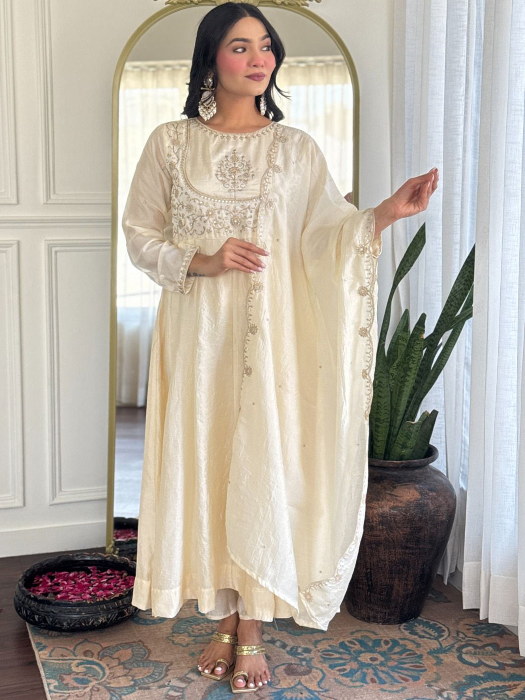 Pantos Women Ethnic Motifs Embroidered Anarkali Kurta with Trousers & Dupatta