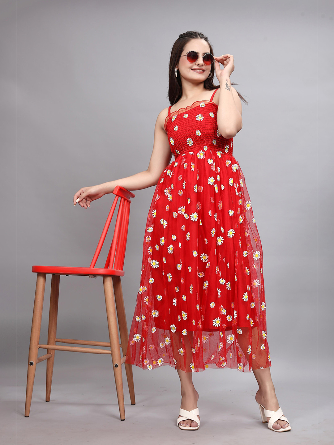 PTVIZE Women Floral Net Fit and Flare Midi Dress