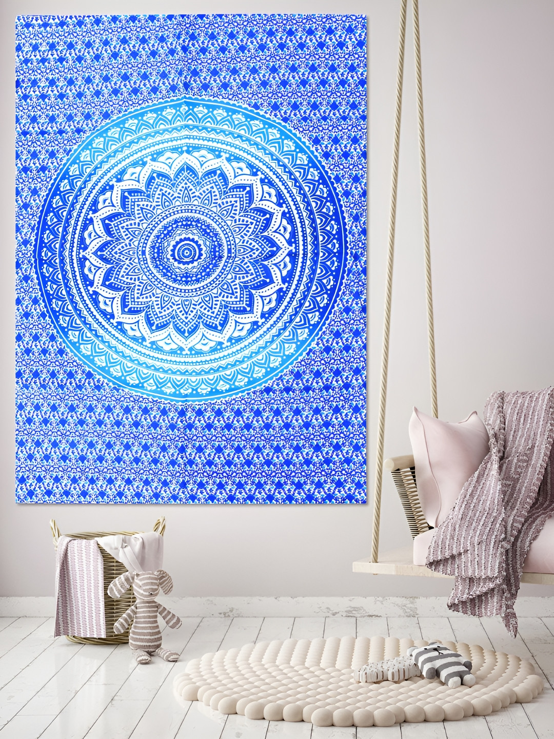 HANDICRAFT PALACE White & Blue Mandala Printed Pure Cotton Wall Hanging Tapestry