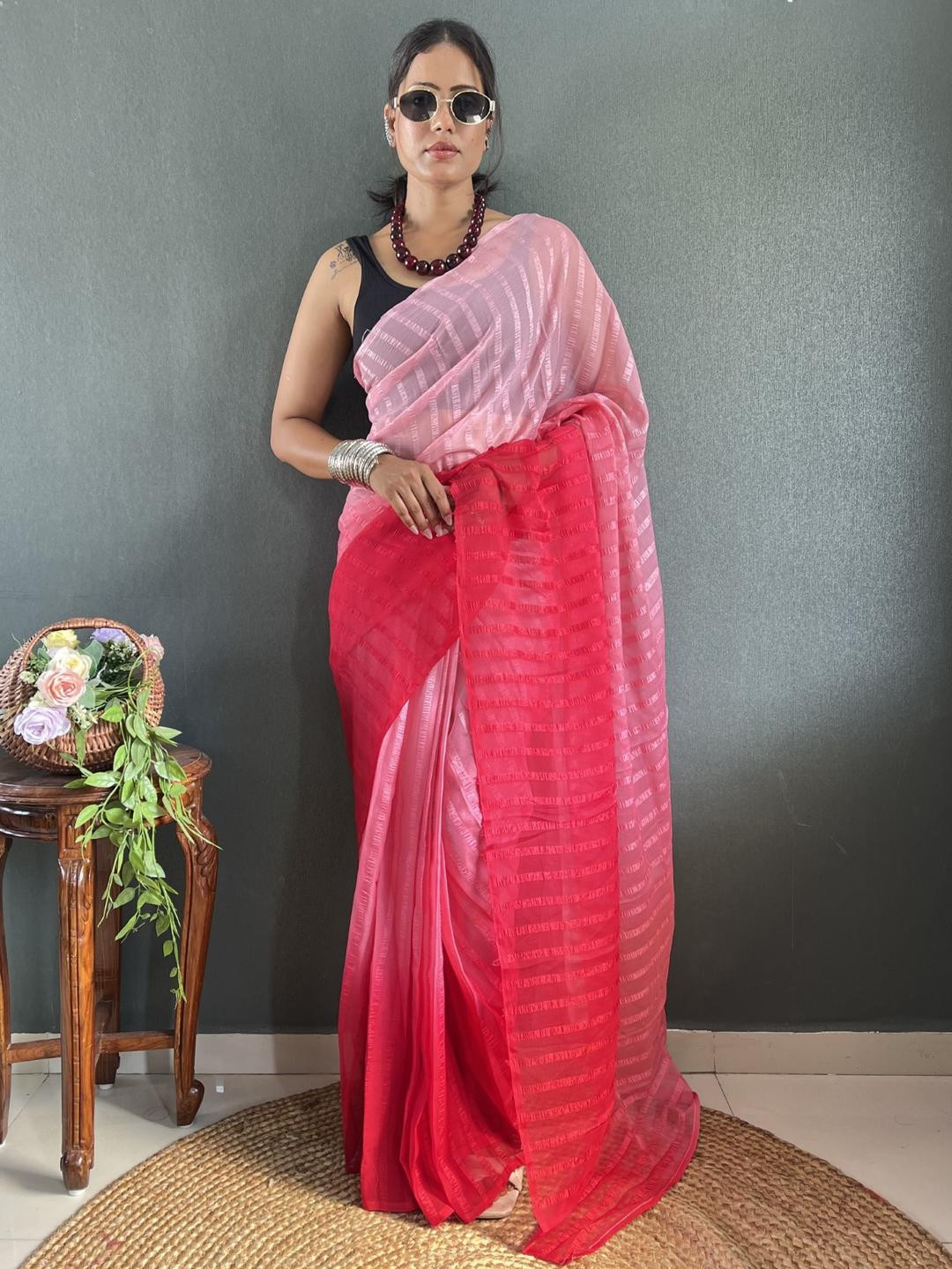 KALINI Peach Poly Georgette Printed Sarees