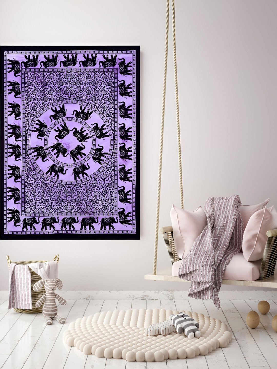 HANDICRAFT PALACE Purple & Black Elephant Mandala Printed Cotton Wall Hanging Tapestry