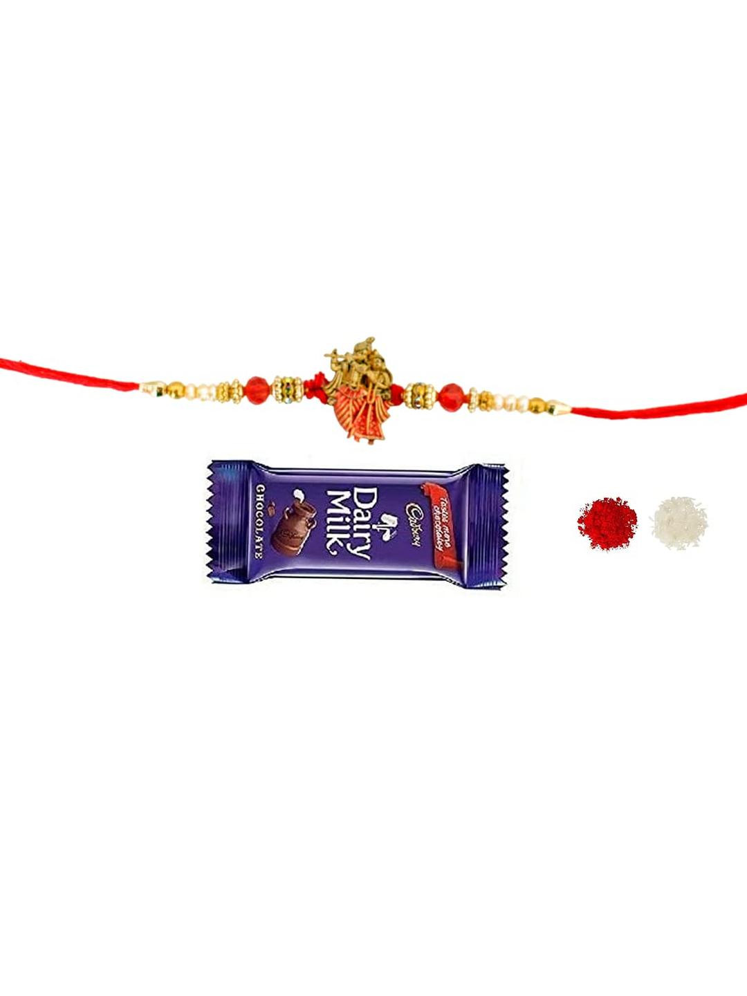 VR Creatives Radhe Krishna Thread Rakhi with Chocolate and Roli Tika Set