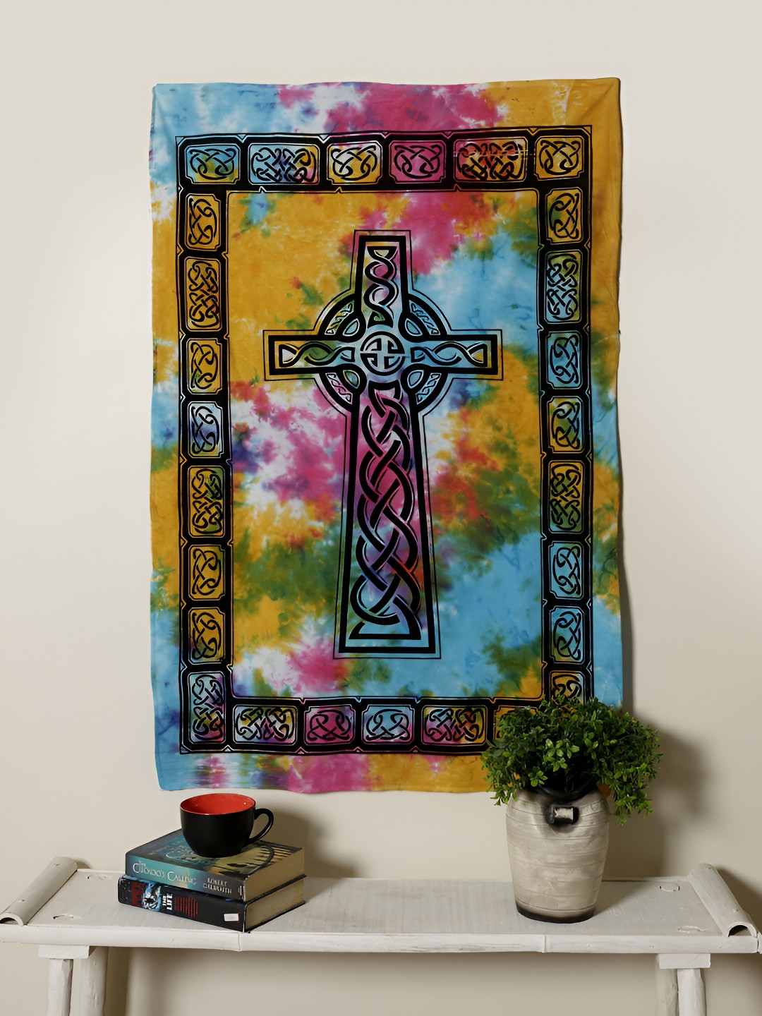 HANDICRAFT PALACE Yellow & Blue Cross Printed Pure Cotton Wall Hanging Tapestry