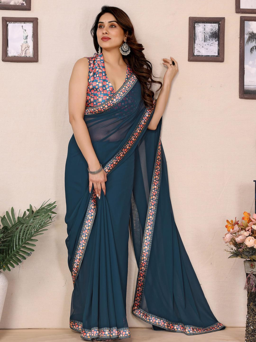 Anouk Teal Solid Pure Georgette Sarees