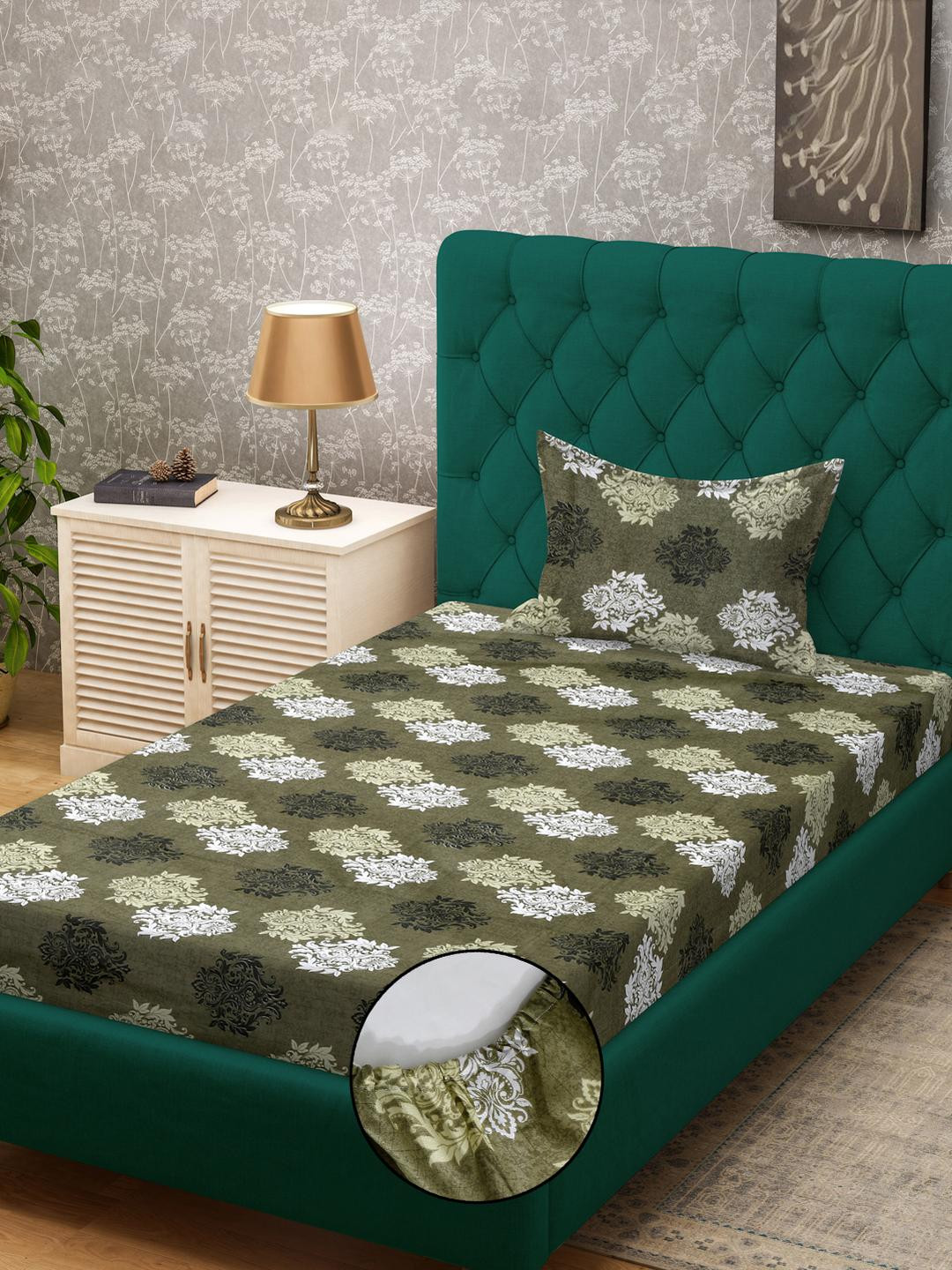 KLOTTHE Olive Floral Cotton Single Bedsheets