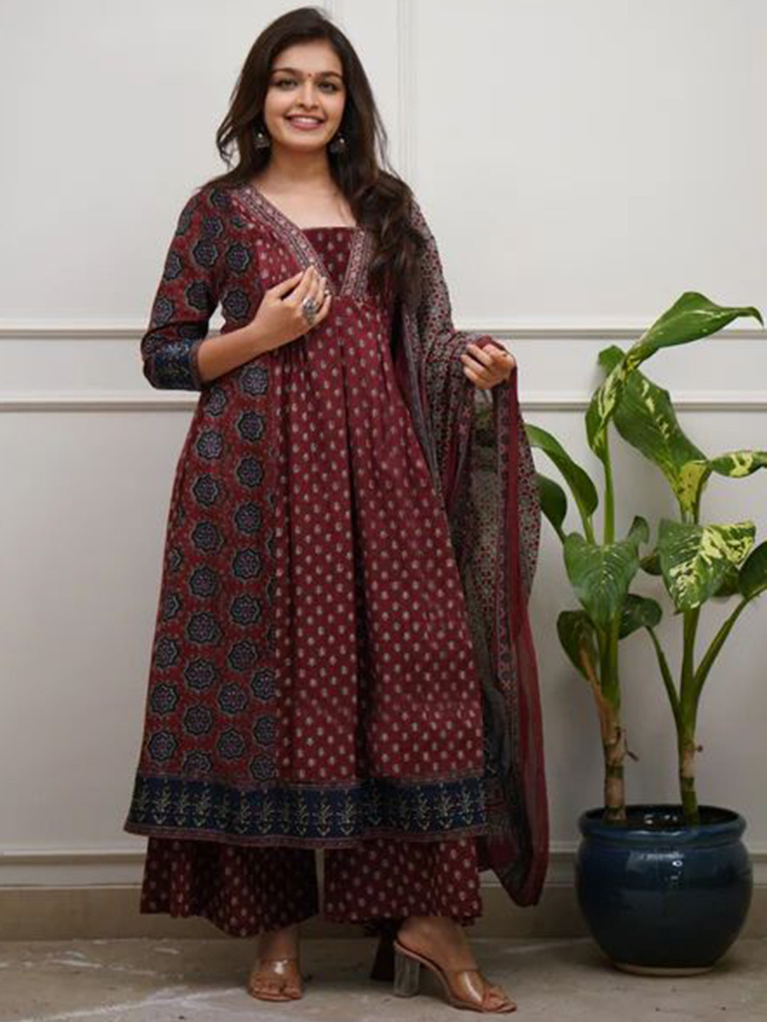 GoSriKi Ethnic Motifs Printed Anarkali Kurta With Palazzos & Dupatta