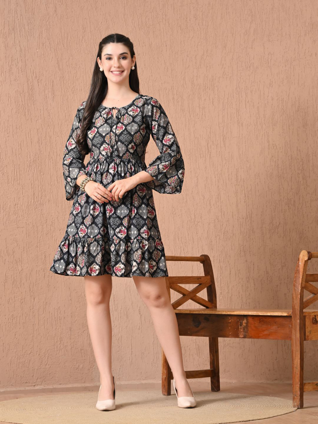 HARIKS Women Printed Keyhole Neck Flared Sleeve Fit & Flare Dress